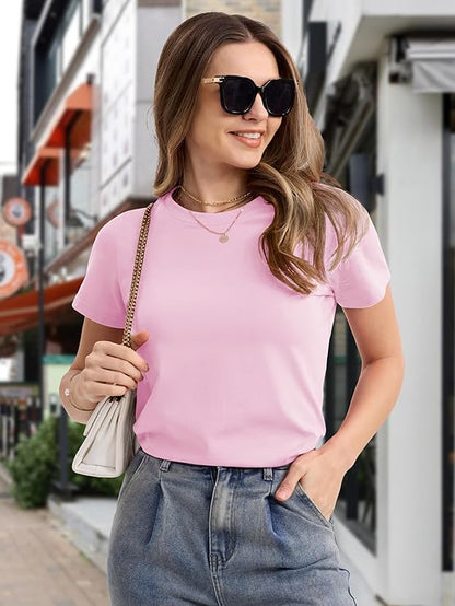 Women's Cotton T-Shirts Short-Sleeve Shirts Crew-Neck Tops Classic-Fit Breathable Casual Summer Tees
