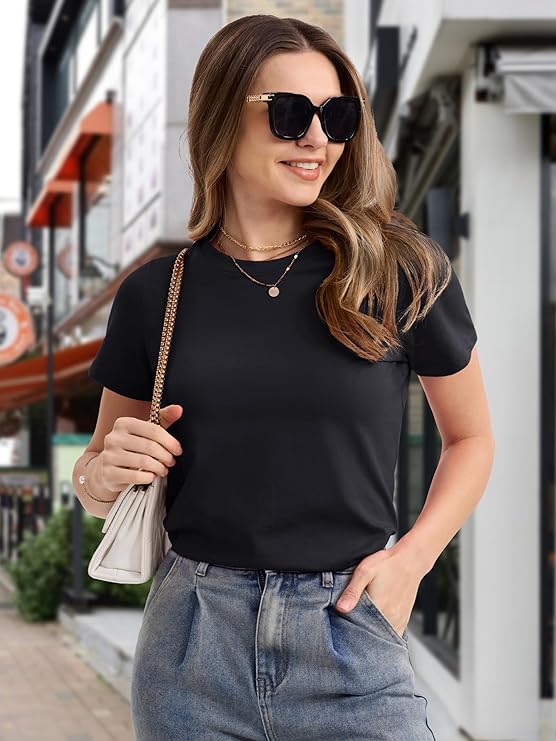 Women's Cotton T-Shirts Short-Sleeve Shirts Crew-Neck Tops Classic-Fit Breathable Casual Summer Tees