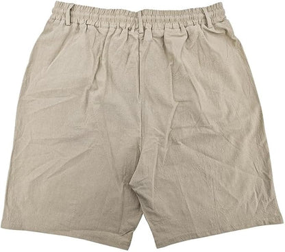 Solid Color Linen Men's Shorts Elastic Waist Casual Beach Pants Summer Classic Fashion Summer Loose Straight Short