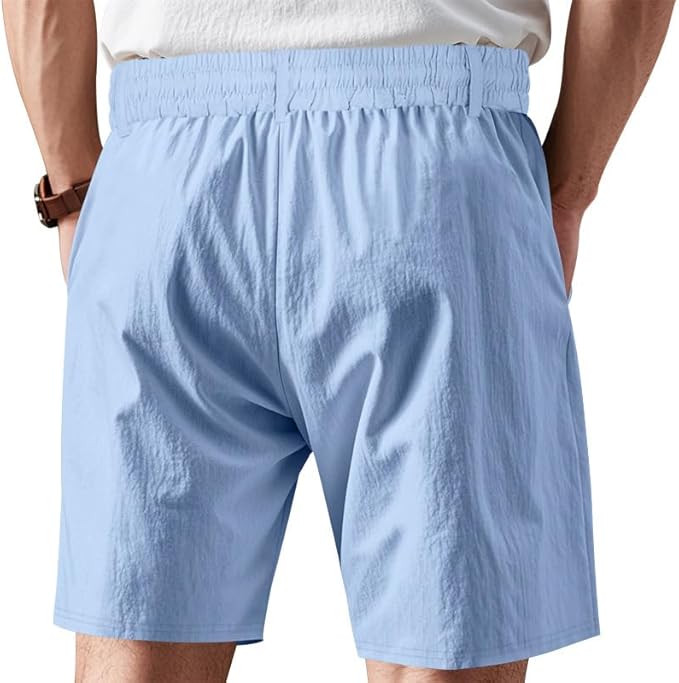 Solid Color Linen Men's Shorts Elastic Waist Casual Beach Pants Summer Classic Fashion Summer Loose Straight Short