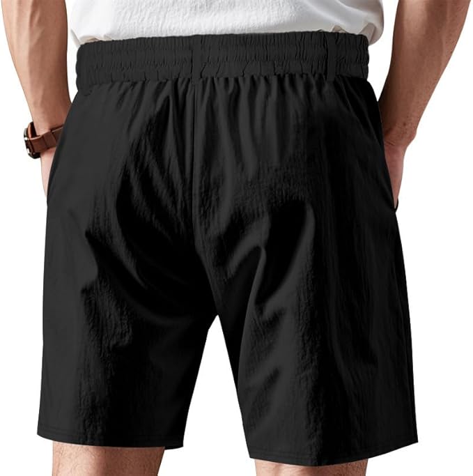Solid Color Linen Men's Shorts Elastic Waist Casual Beach Pants Summer Classic Fashion Summer Loose Straight Short