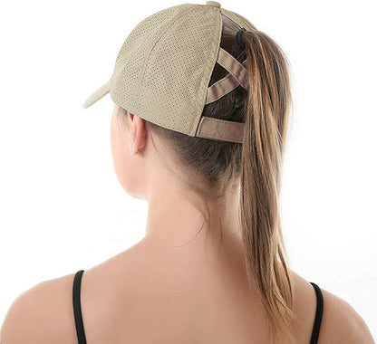 Womens Criss Cross Ponytail Baseball Cap Adjustable High Messy Bun Ponycap Quick Drying Hat